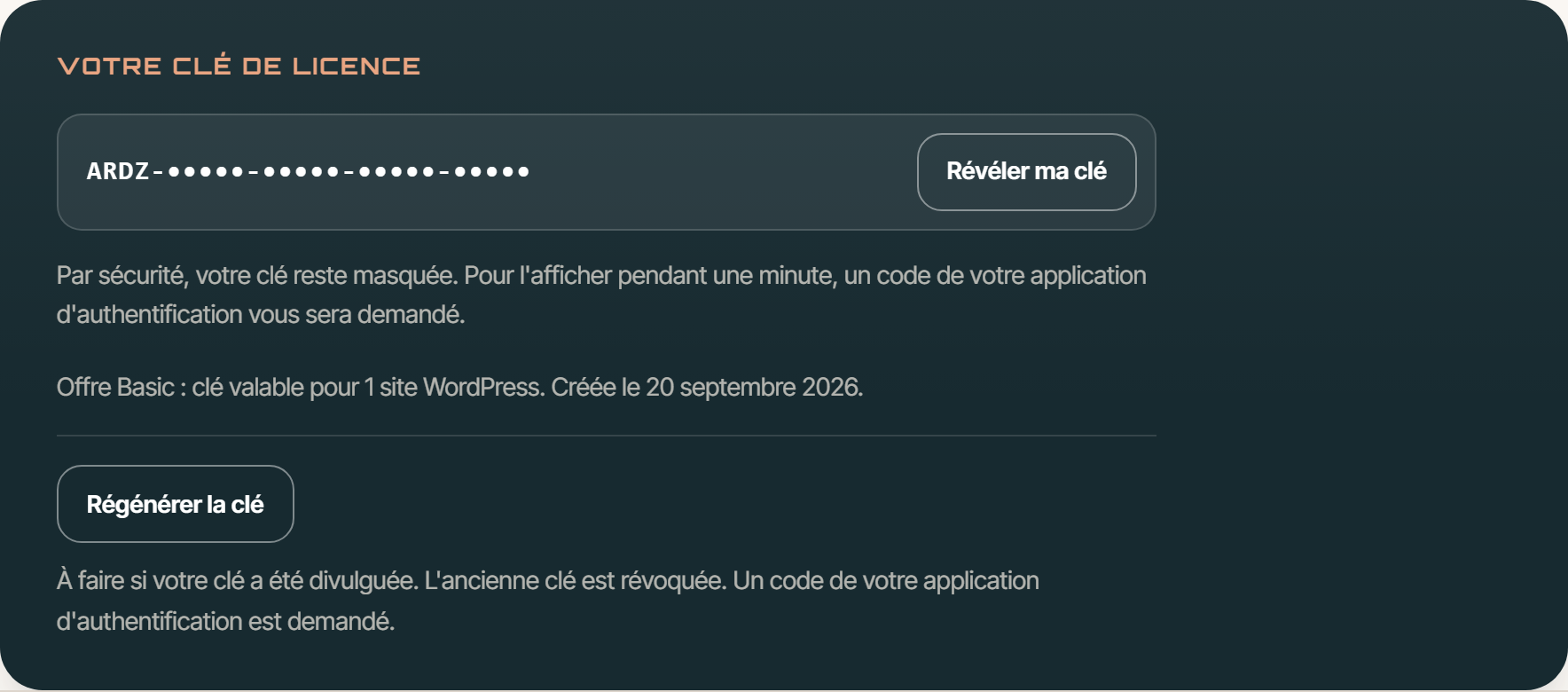 Espace client : la clé masquée et le bouton « Révéler ma clé »