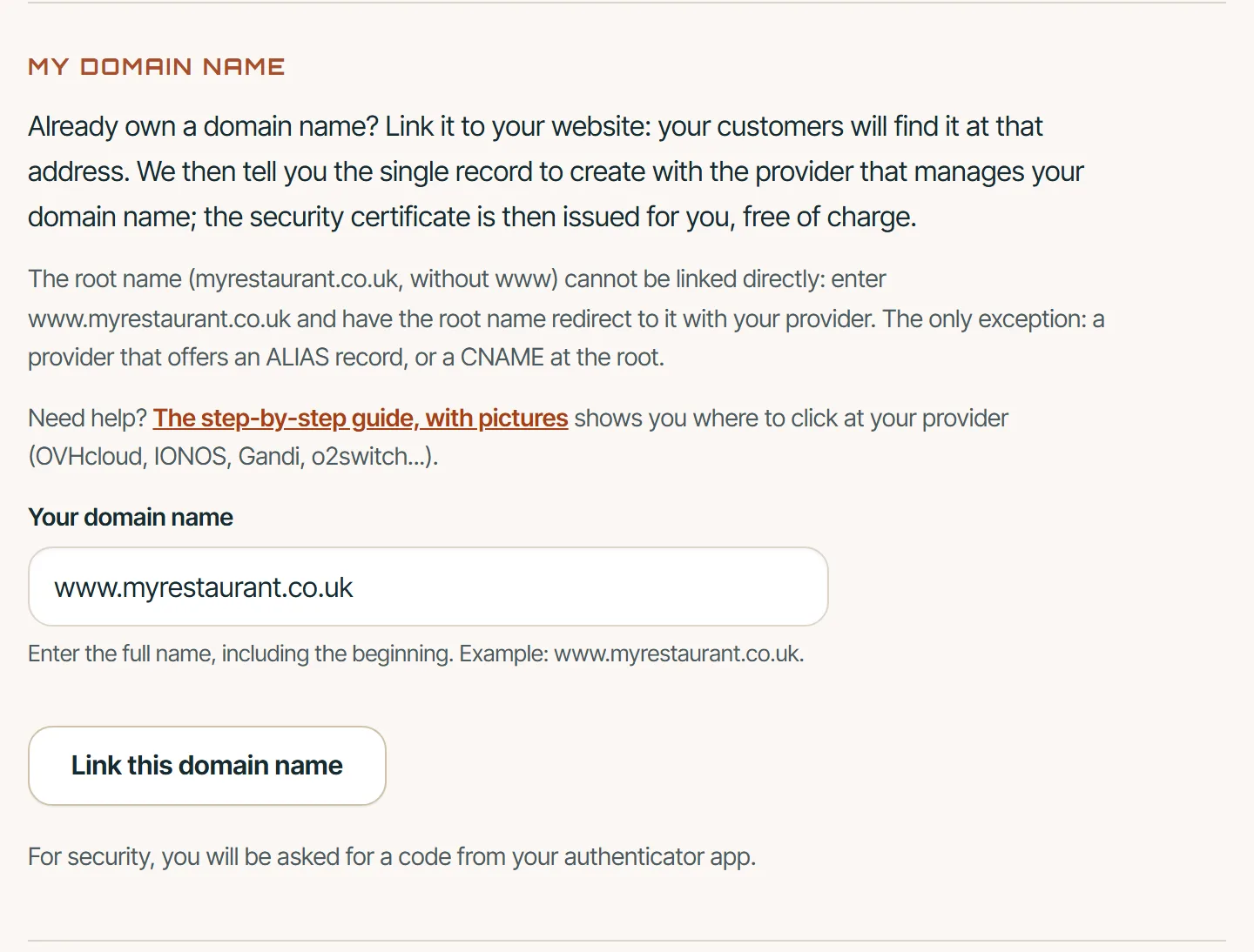 Customer area, My website: the “My domain name” card with the “Your domain name” field filled in (www.myrestaurant.co.uk) and the “Link this domain name” button.