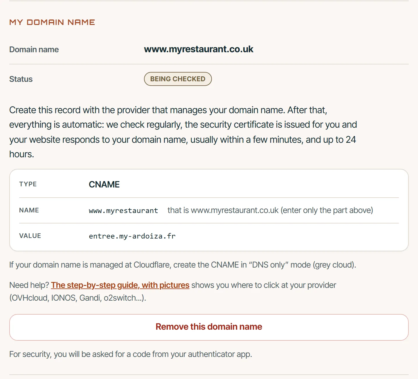 The card after entering the name: status “Being checked” and the table of the line to create, type CNAME, name www.myrestaurant.co.uk, value entree.my-ardoiza.fr.
