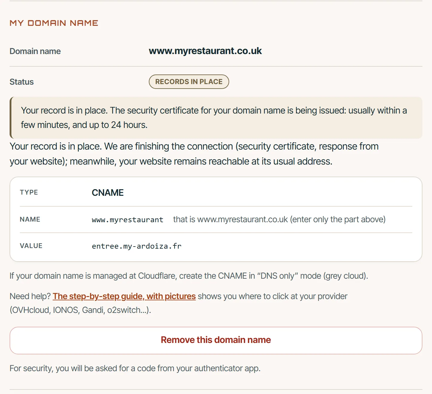 The card while connecting: status “Records in place”, security certificate being issued.