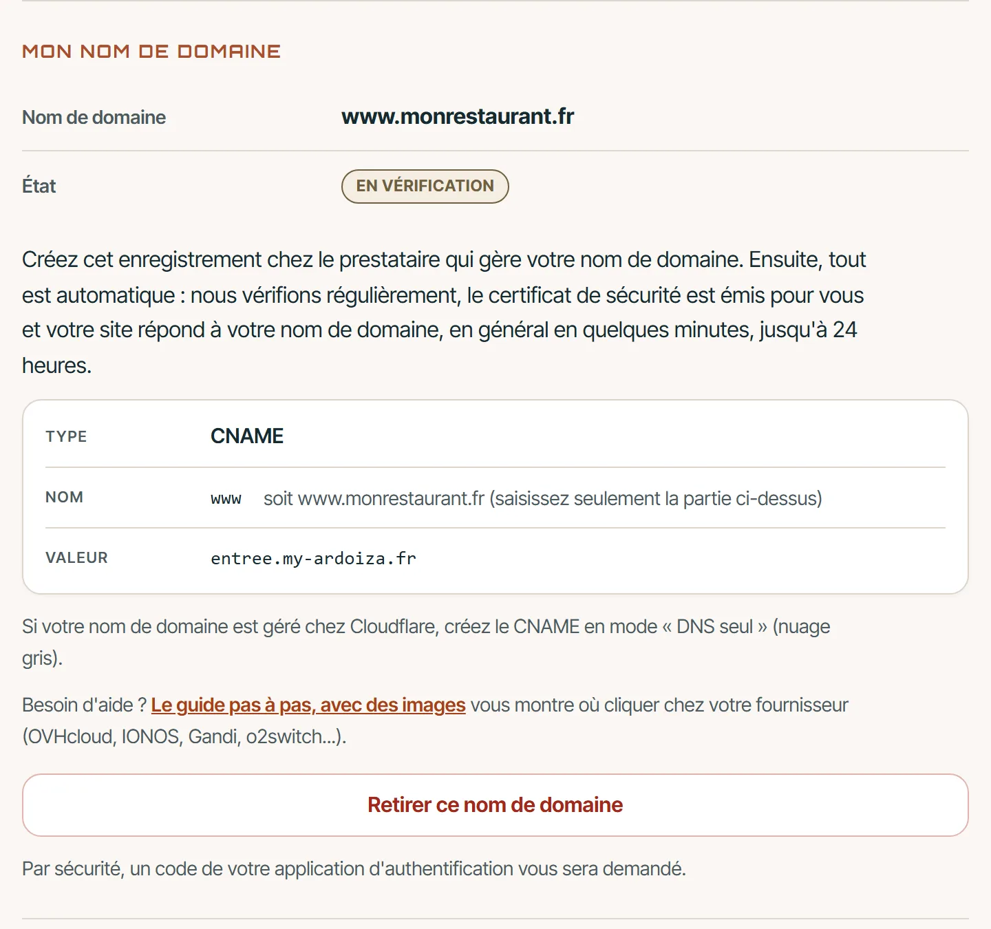 La carte après la saisie : état « En vérification » et le tableau de la ligne à créer, type CNAME, nom www.monrestaurant.fr, valeur entree.my-ardoiza.fr.
